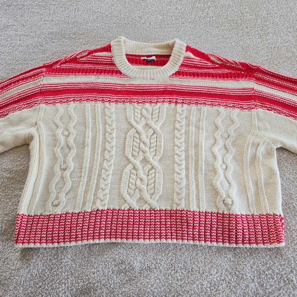 American Eagle Cable Knit Sweater Cream With Red Stripes Fisherman Crop XL NWT - Picture 8 of 13